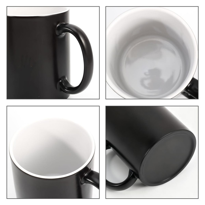 A black mug with a white interior and a smooth handle, featuring a logo on the body.