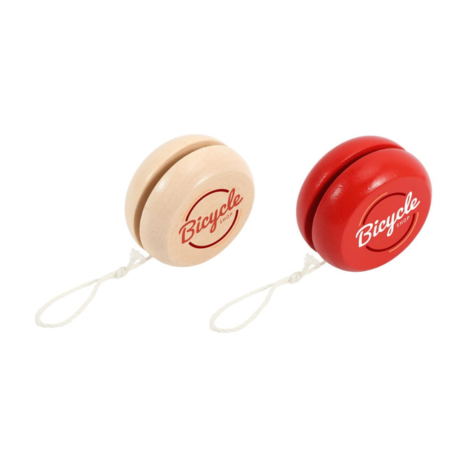 A wooden yoyo in natural and red colours, featuring a string for play and a logo.