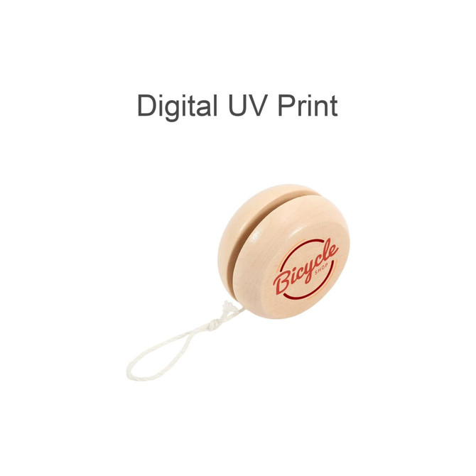 A wooden yoyo in natural wood colour with a red logo and string attached.