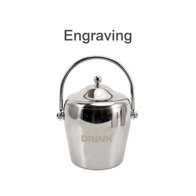 A stainless steel cooler bucket with a smooth finish and a rounded lid, featuring a handle and engraved branding.