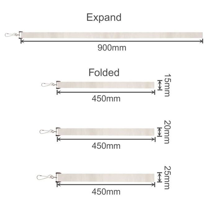 A promotional paper yarn lanyard in beige, displayed in expanded and folded positions with measurements.
