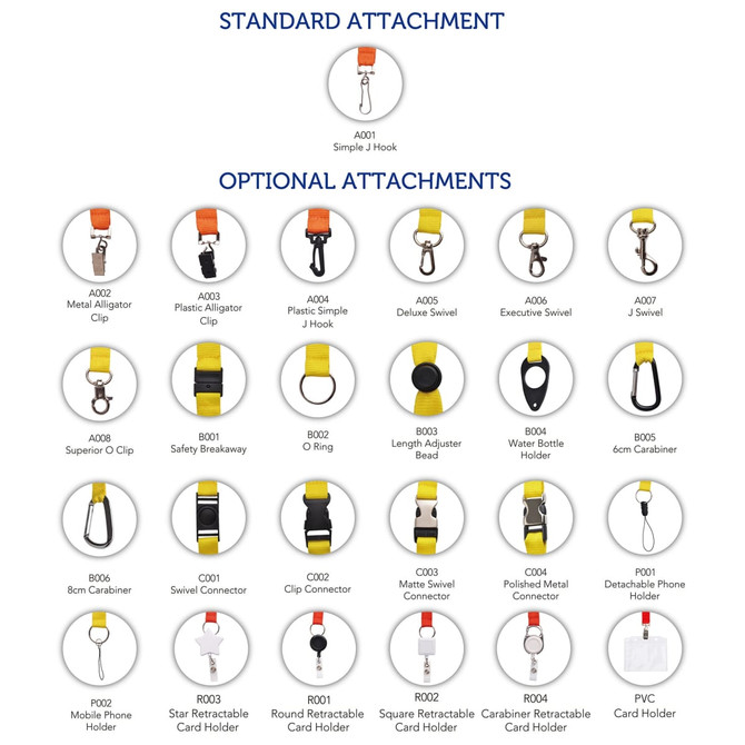 A variety of lanyard attachments displayed, featuring colours like yellow and orange, with different connector options.