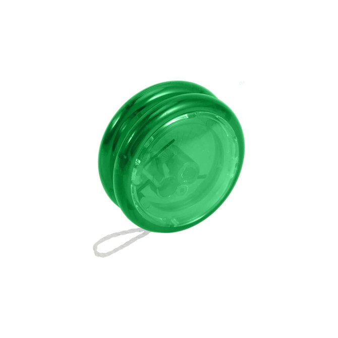 A green yoyo, featuring a transparent design, with a string attached. The product has a branded logo.