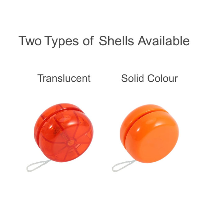 A classic yoyo in two styles: a translucent orange shell and a solid orange shell, both with a string attached.
