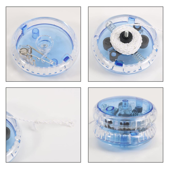 A light-up yoyo in transparent blue plastic with a white string and internal mechanisms visible. It features a logo.