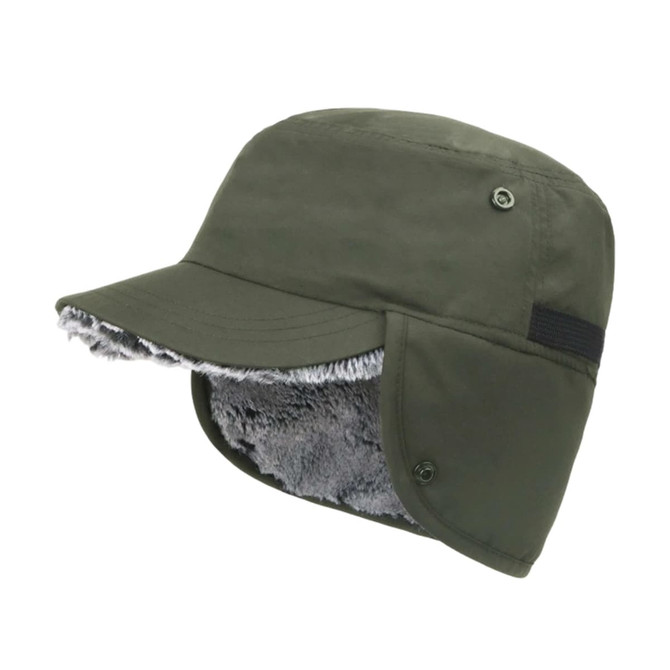 A thickened earflap hat in olive green with a soft, fur-lined interior and adjustable side flaps.