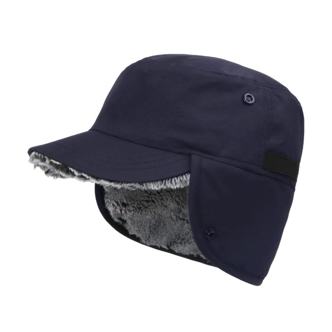 A thickened navy earflap hat with a plush lining and adjustable flaps on the sides. Features a logo on the side.