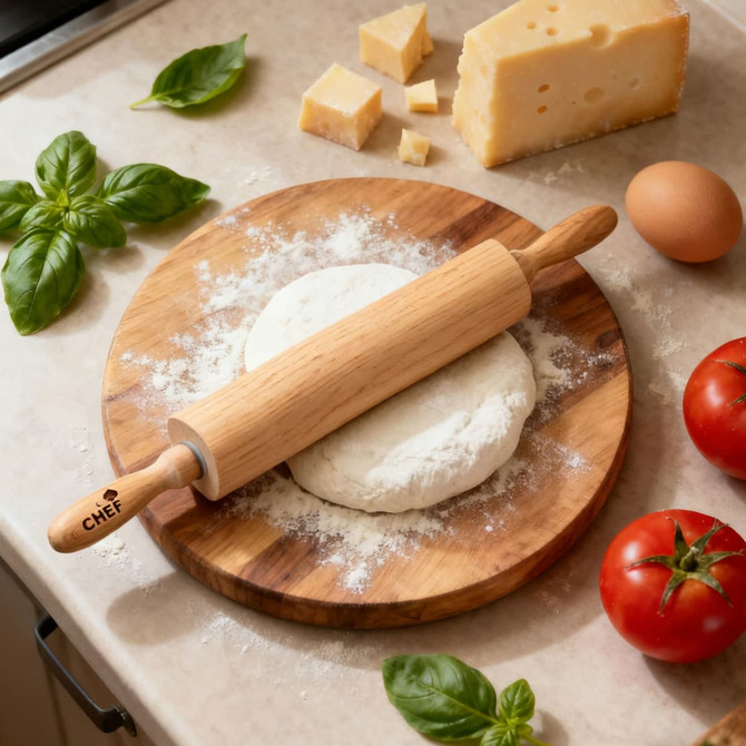 A wooden rolling pin rests on a floured surface surrounded by tomatoes, cheese, basil, and an egg on a chopping board.