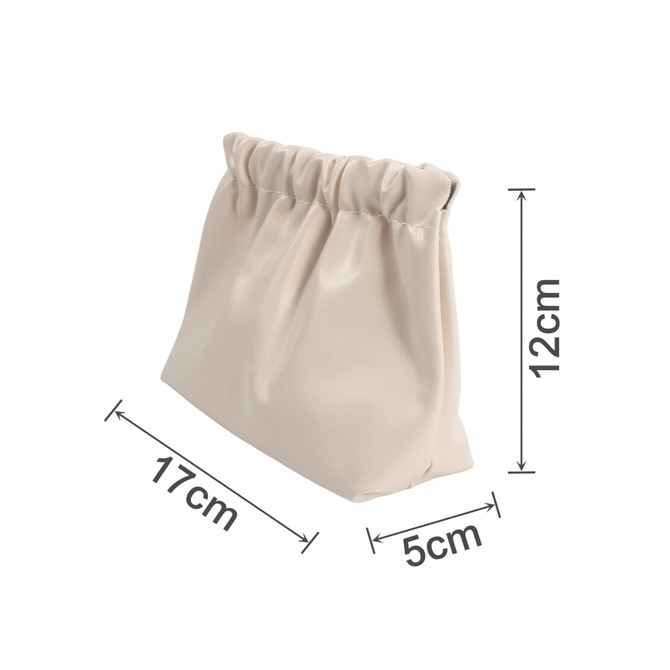 A cream, zipperless portable makeup bag with gathered top, measuring 17cm x 12cm x 5cm. Features a logo.
