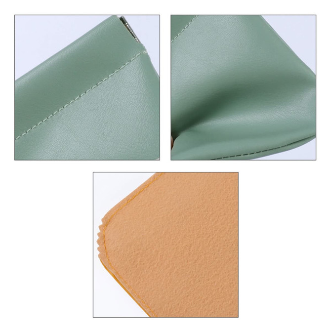 A small pocket cosmetic bag in soft green material with a beige interior and a zipper closure.