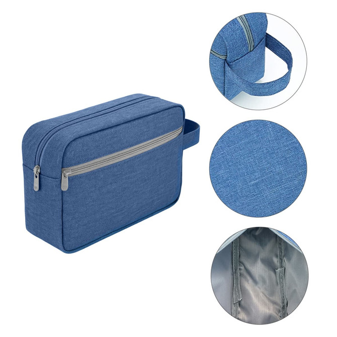 A blue toiletry bag with a handle, featuring a zip closure and a smooth interior lining. It has a simple design and a logo.