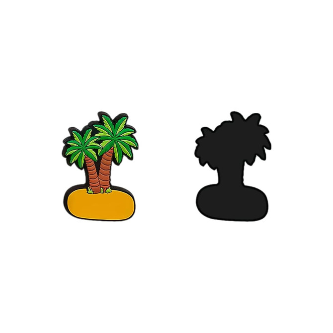 A green and brown palm tree PVC fridge magnet on a yellow base, accompanied by a black silhouette version.