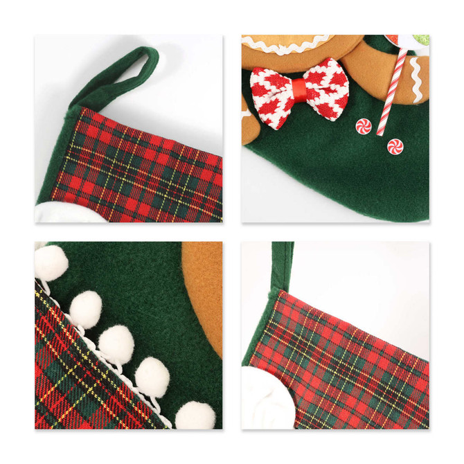 Custom felt patch Christmas stocking in green and red tartan, featuring decorative elements like bows and pom-poms.