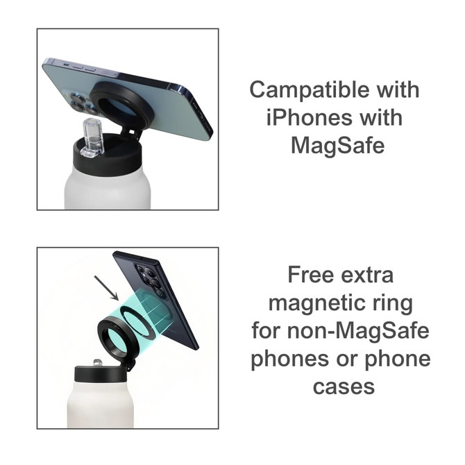 A drink bottle with a magnetic phone holder feature, designed in stainless steel, featuring a white finish.