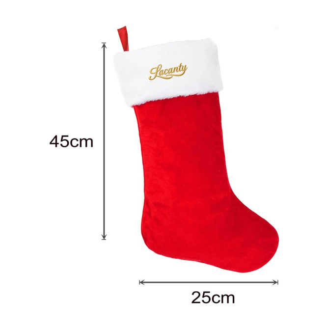 A red Christmas stocking with a white plush cuff, featuring an embroidered logo. Dimensions are 45cm by 25cm.