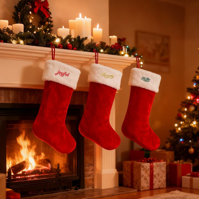 Three red embroidered Christmas stockings hang from a mantle, featuring white fur trim, with a festive fireplace and decorated tree nearby.