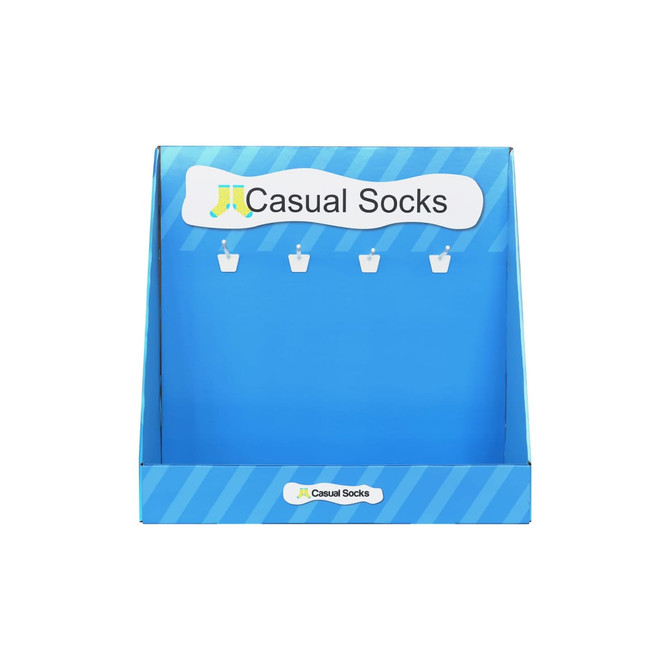 A blue corrugated cardboard display with hooks for casual socks, featuring a logo at the top.