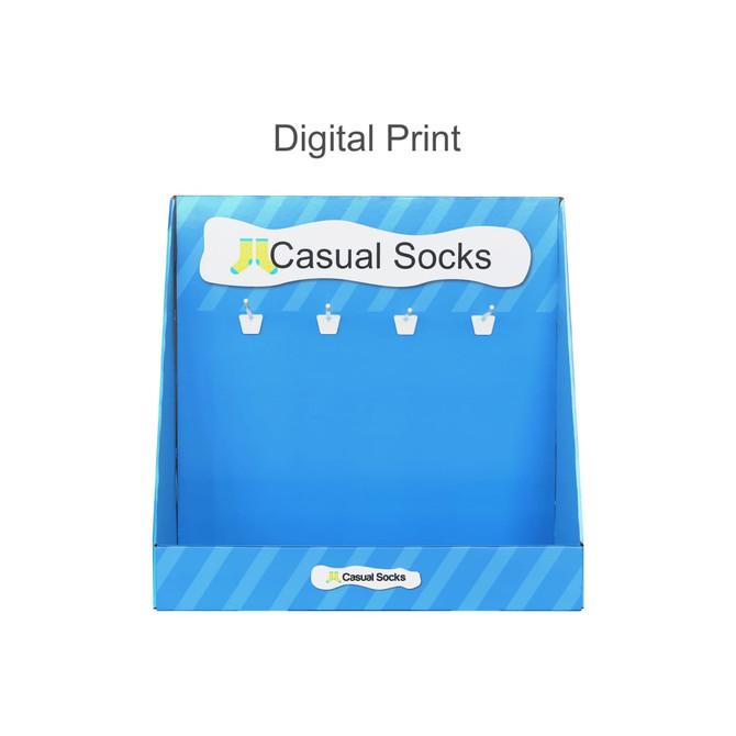 A cardboard counter display in blue with white hooks for hanging casual socks, featuring a simple logo.