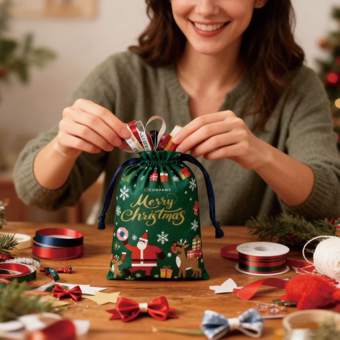 A green drawstring gift bag decorated with Christmas designs, filled with festive ribbons and bows.