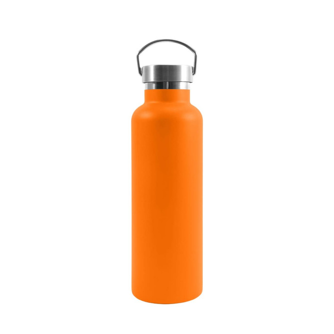An orange stainless steel insulated drink bottle with a silver lid and handle. It features a simple design and has a logo.