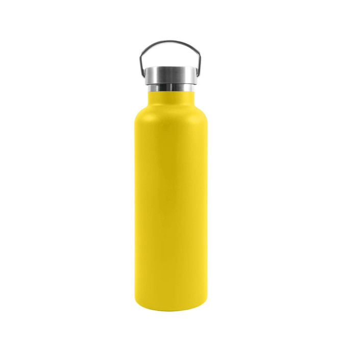 A drink bottle made of recycled stainless steel, featuring a bright yellow finish and a silver steel lid with a handle.