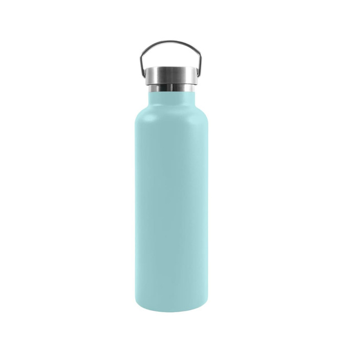 A drink bottle made of recycled stainless steel, featuring a light blue finish and a silver lid with a handle.