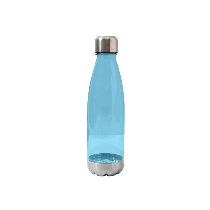 A drink bottle in translucent light blue with a stainless steel base and cap, featuring a logo.