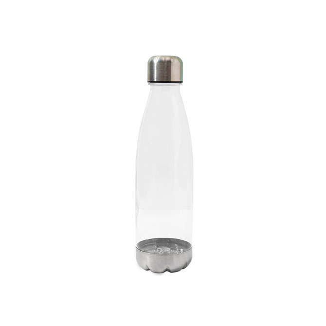 A drink bottle made of translucent BPA-free Tritan material with a silver stainless steel cap.