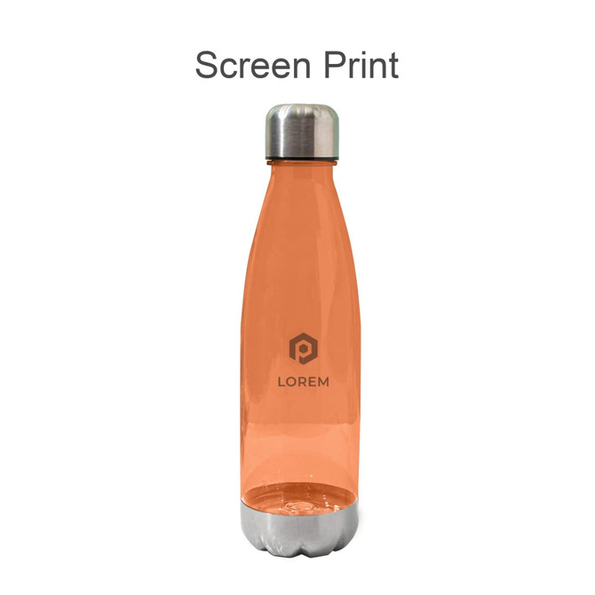 A drink bottle in translucent orange, made from BPA-free Tritan, with a stainless steel lid and a logo.