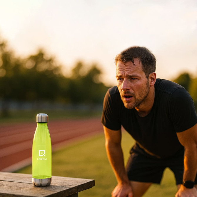 A drink bottle in bright green with a stainless steel base and a logo, placed on a wooden table outdoors.