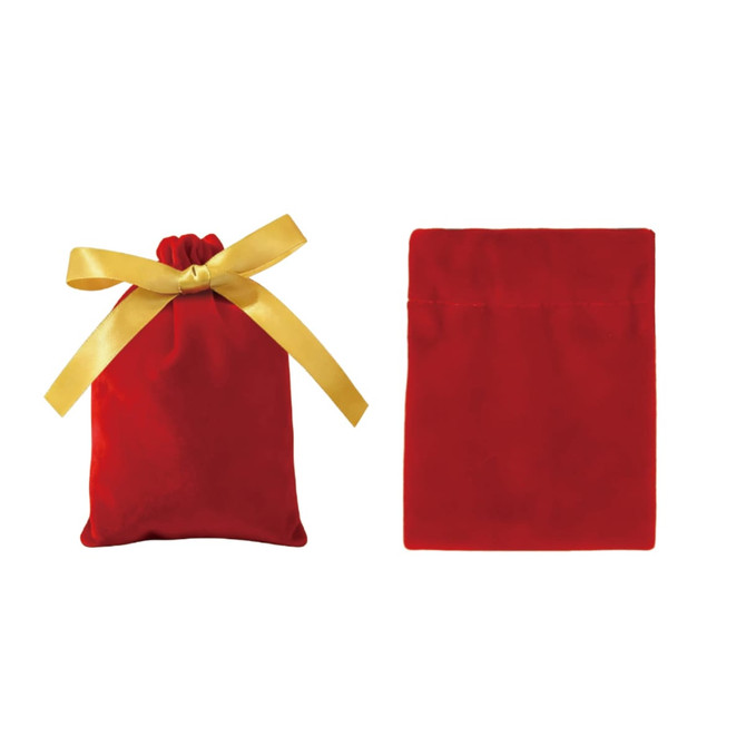 Red drawstring gift bags with a yellow ribbon, featuring a smooth surface and a plain back.
