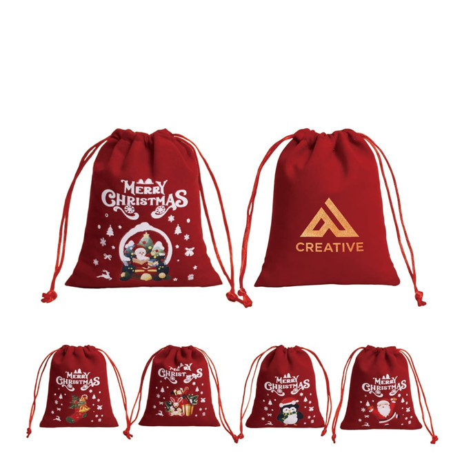 A set of red drawstring gift bags featuring Christmas designs, including Santa and snowmen, with logos present.