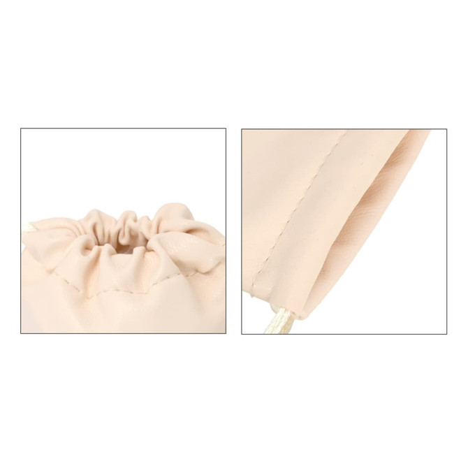 A close-up of a beige PU leather drawstring gift bag, featuring a gathered top and a smooth finish.