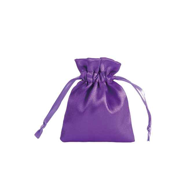 A purple silk satin drawstring bag with tied ribbon handles and a glossy finish.