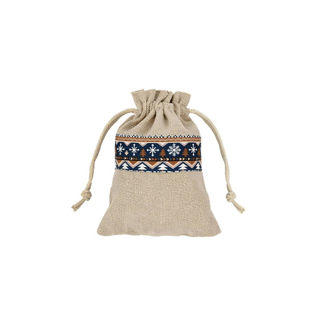 A cotton linen drawstring bag in natural beige with a decorative blue and brown patchwork design.