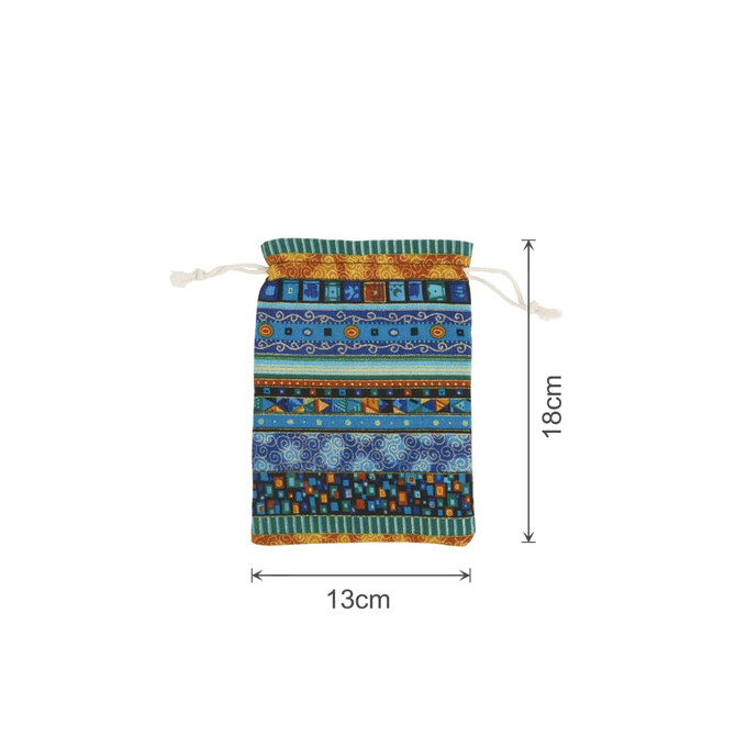 A colourful linen burlap drawstring bag featuring various blue and patterned designs, measuring 18cm by 13cm.