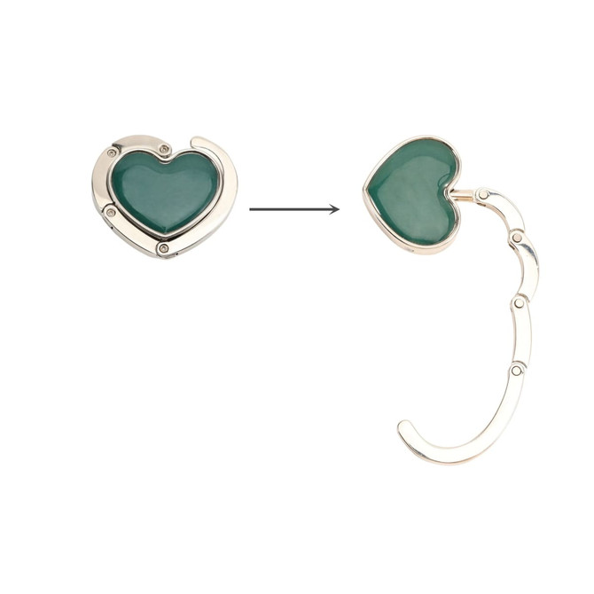 A heart-shaped, green foldable desk hook with a shiny silver frame and a curved hook design.