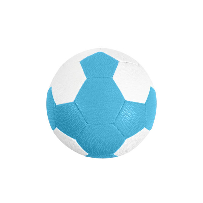 A blue and white machine-stitched PU handball featuring a textured surface and pentagon-shaped panels.