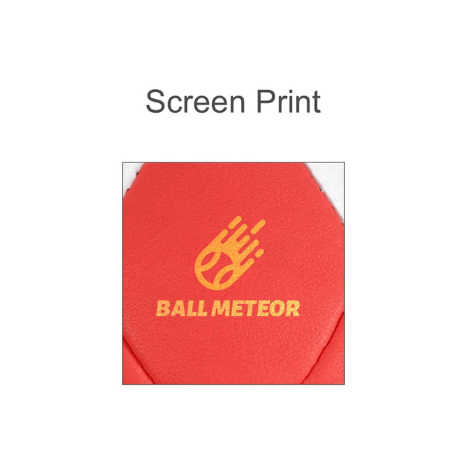 A red hand-stitched handball featuring a logo in gold. The ball has a textured surface for grip.