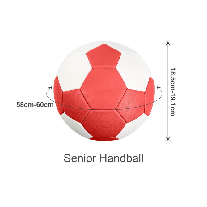 A red and white machine-stitched microfiber PU handball with hexagonal panels, featuring a logo. Dimensions indicated.