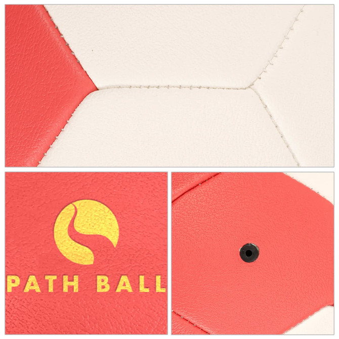 A machine-stitched handball in white and red with a logo and a black valve.