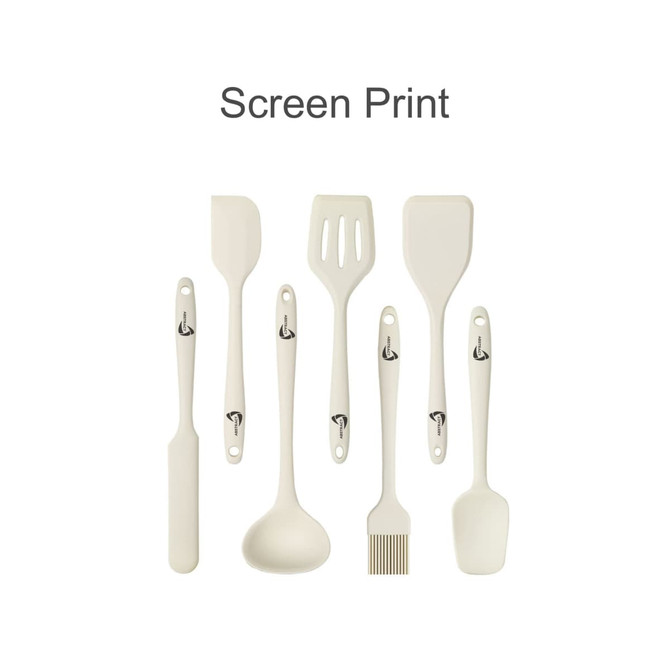 A silicone kitchenware set in cream, featuring various tools including a spatula, spoon, and ladle, with a logo.