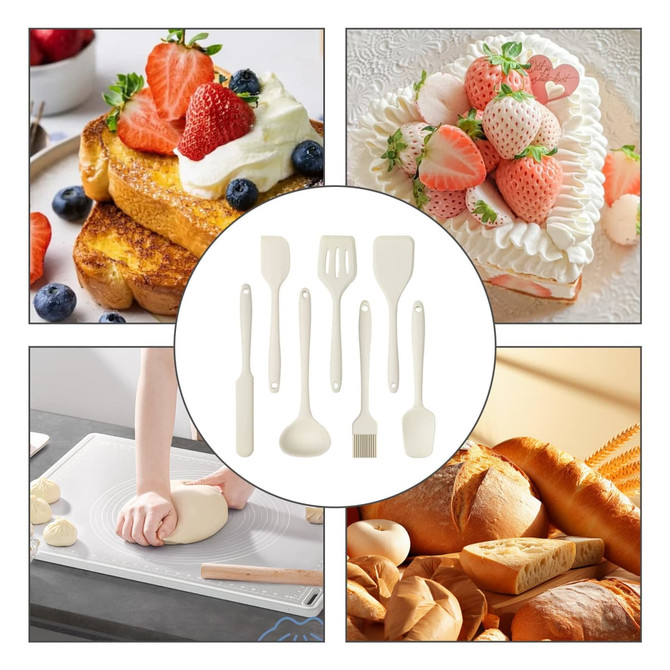 A Silicone Kitchenware Set in cream, including various utensils like spatulas and a dough scraper, displayed with food images.