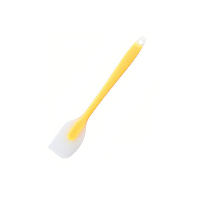 A silicone spatula with a yellow handle and a white spatula head. It features a hole for hanging.