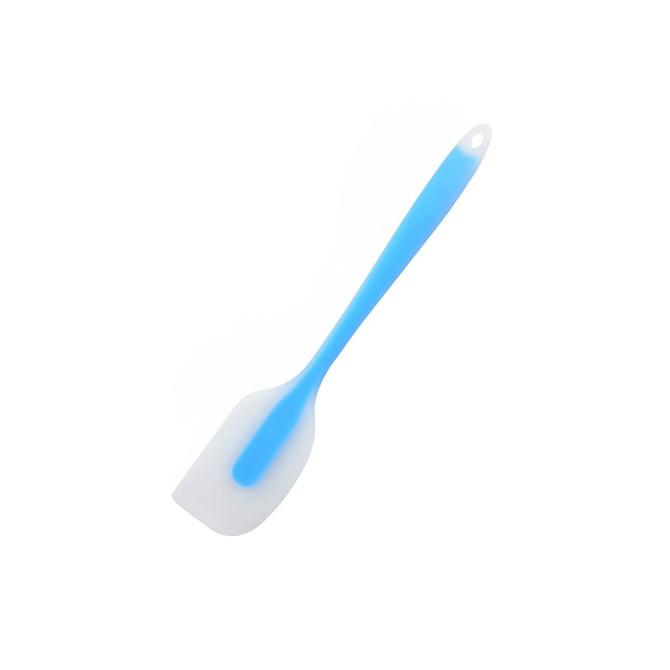 A blue silicone spatula with a white spatula head and a long handle, featuring a hole for hanging.