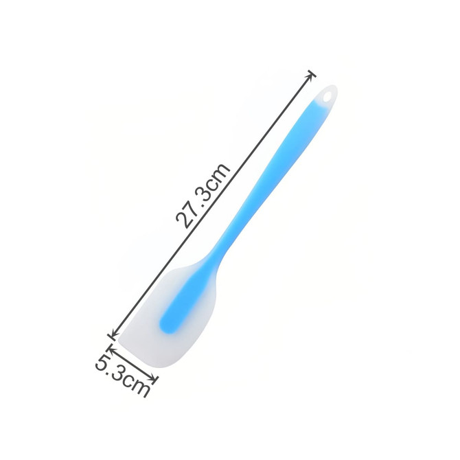 A silicone spatula with a blue handle and a white spatula head, measuring 27.3 cm by 5.3 cm.