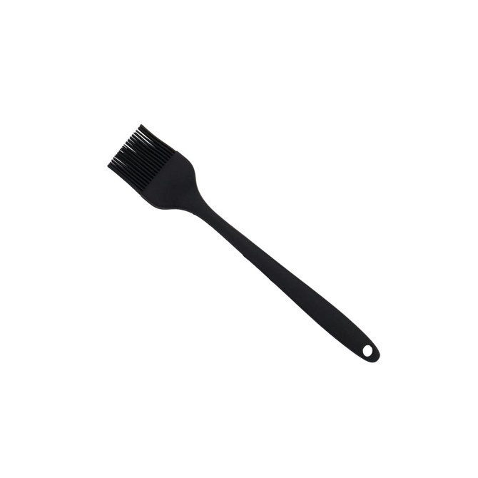 A black pastry brush with a long handle and silicone bristles for applying glazes or brushing surfaces.