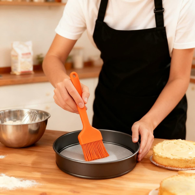 An orange pastry brush is being used to apply something in a round baking tin, with a mixing bowl and cake nearby.