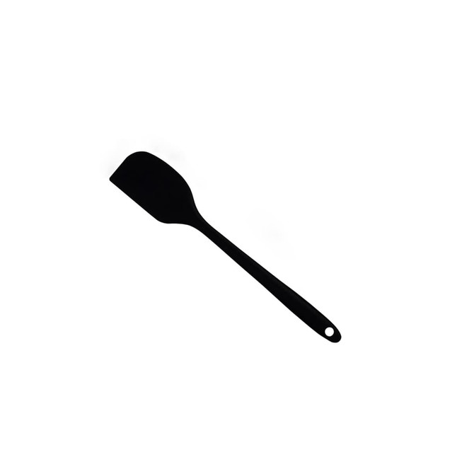 A black spatula with a flat head and a long handle, featuring a hole for hanging.