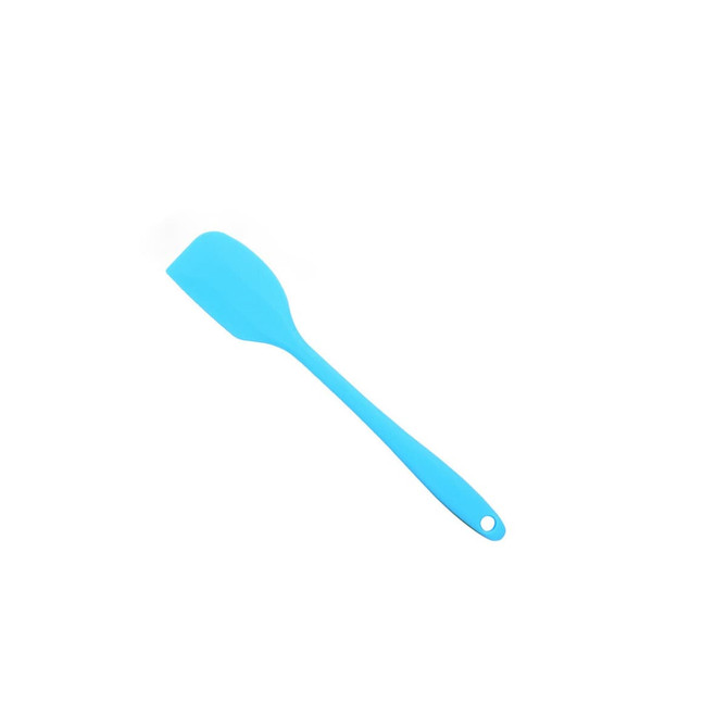 A blue silicone spatula with a long handle and a flat, wide head, featuring a hanging hole.